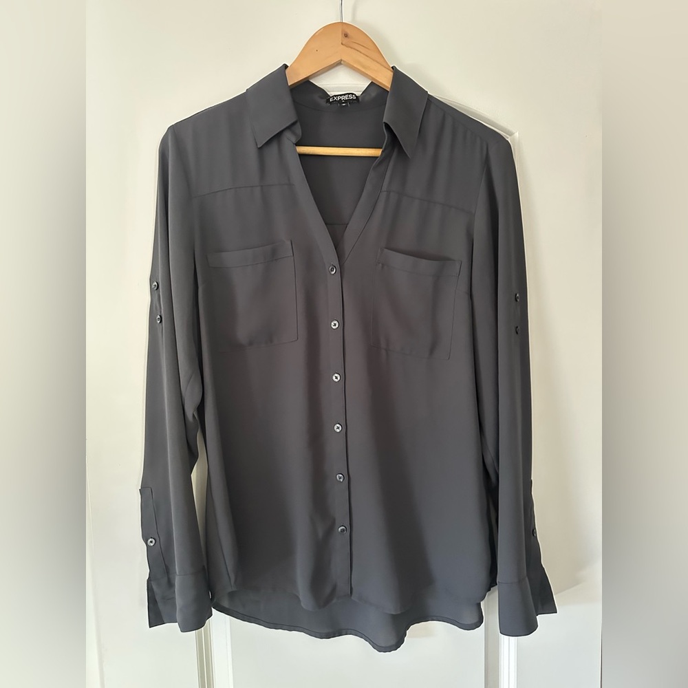 Express Olive Green Gray Button-Up Blouse